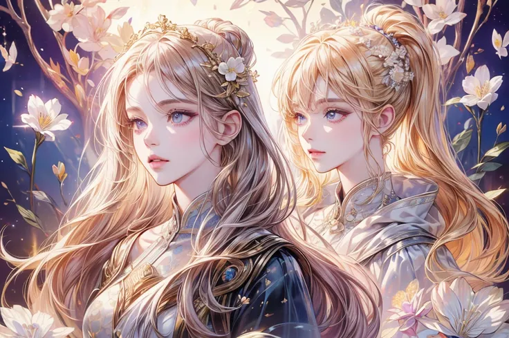 Long-haired woman、bust、white skinned、Symmetry between left and right eyes、delicate eyes、sparkling violet eyes、Exquisite gold hollow hair accessories、Mosaic floral pattern background、spotlight、high contrast、Striking shadows、Detailed shadows、Perfect workmans...