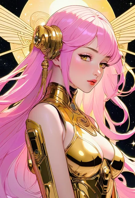 ((best quality)), ((masterpiece)), (detailed), perfect face of cyberpunk mecha japanese girl, shiny gold eyes, shiny gold body, ...