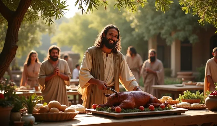 A biblical scene set in ancient times where a father, dressed in traditional robes, is preparing a large feast in a garden to celebrate. He stands next to a roasted fatted calf on a wooden table, under the open sky, with family members and friends joyfully...