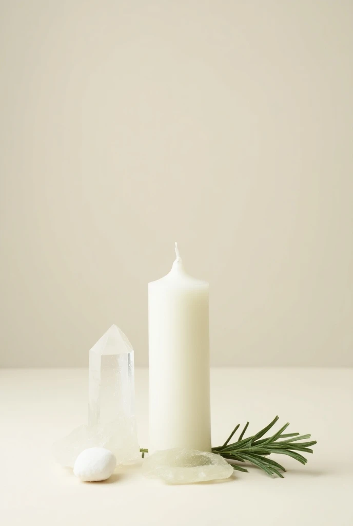  A photo of ritual elements on a neutral background : a white candle,  a transparent quartz and a small sprig of rosemary.: