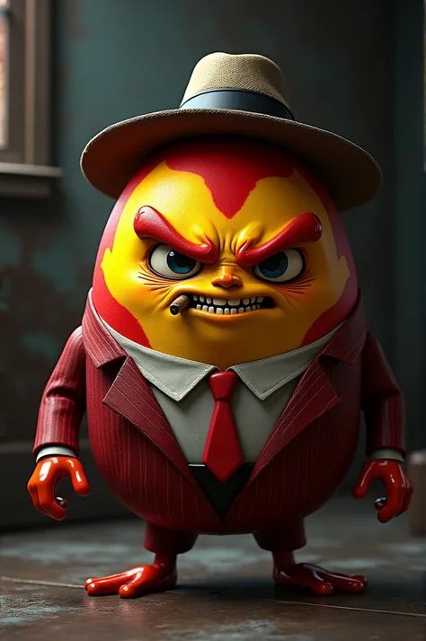 Angry Egg  ,  of red and yellow color  ,  dressed as a mobster