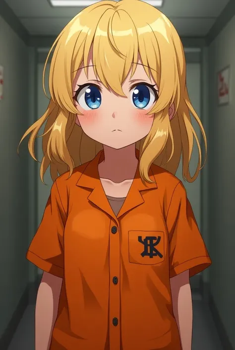 A girl with blonde hair and blue eyes wearing orange prison clothes in the form of an anime 
