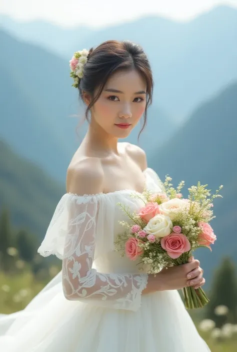 A beautiful British half-Chinese girl is holding a bouquet of flowers in a white wedding dress. The background is a mountain view.