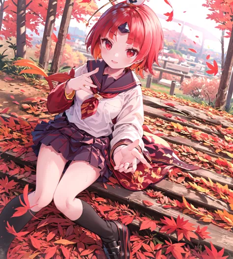 ((masterpiece,best quality:1.2)),(((school uniform:1.3))),red leaves:1.2,forest:1.2,autumn mountain range,autumn leaves on the r...