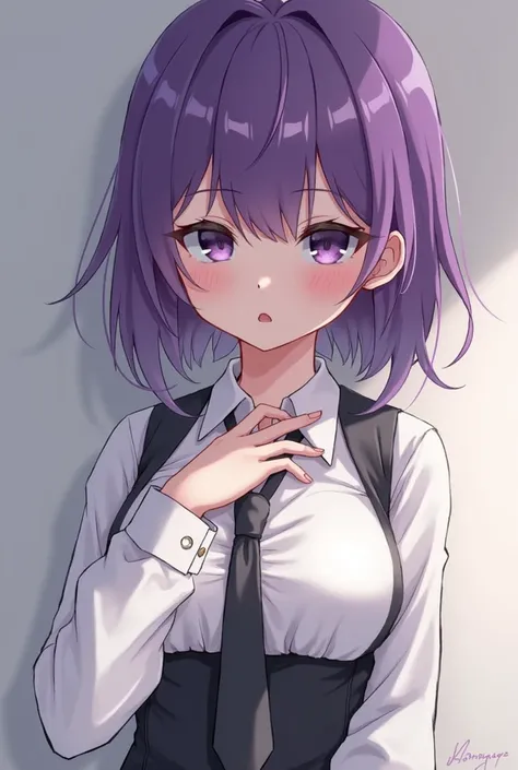 1 girl, Alone, blows, blush,  hand on the chest , mantarraya jill,  long sleeves ,  looking at the spectator, CABELLO MORADO,  medium breasts, tie, shirt, Alone,  upper body, vest,  barman, vest, white shirt,