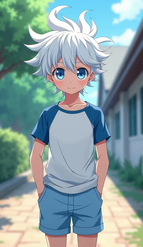  create an anime character, He has white hair that creeps upwards he has blue eyes he wears a white blouse with blue sleeves light blue shorts boy who is in school