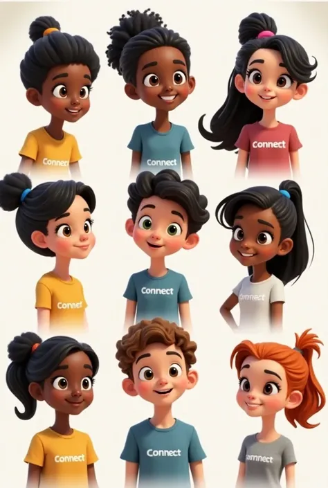  Create 8 avatars with diversity animated in Pixar-style frames.  board Add the avatar shirt to the brand "Connect "  and place each avatar on a 