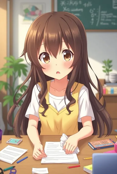 16-year-old anime girl with brown hair and brown eyes cleaning her desk in her room with a comical annoyance face 