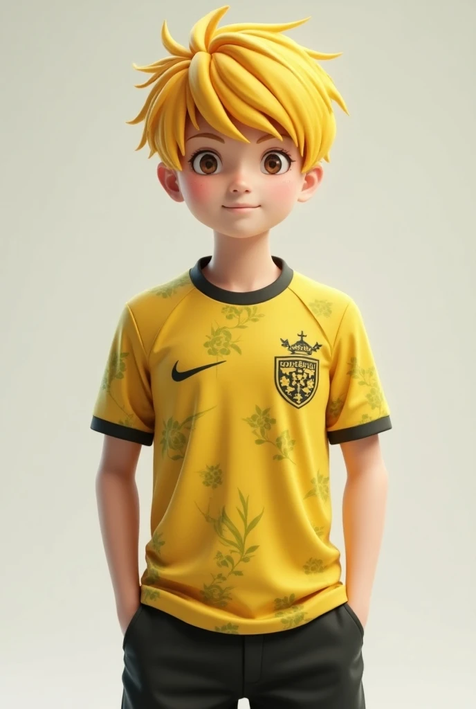  Realistic 3D anime doll with yellow hair ,  dressed in a Brazilian shirt with the Corinthians team and black shorts, she is happy and a teenager .
Hes a boy, hes not a doll, but an anime with a black death hat
