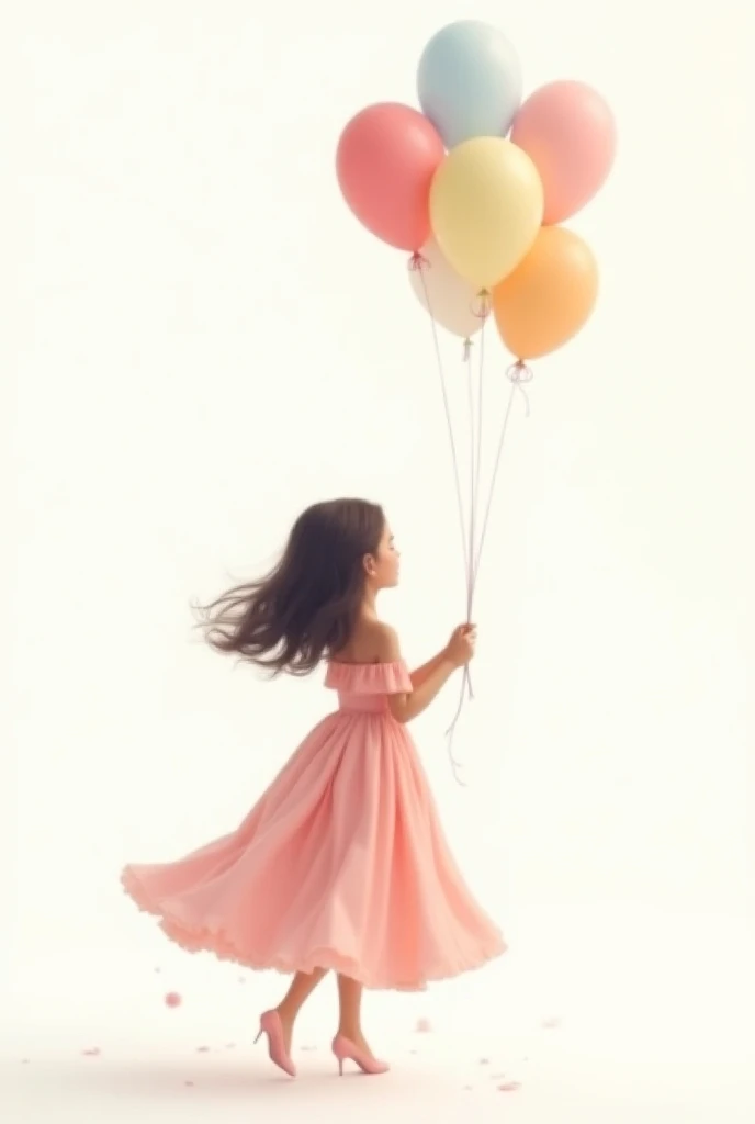  The drawing of a 15-year-old girl from the back  ,   with an elegant, wavy pink dress  .   Her hair is loose and falls over her shoulders  . In his right hand,   holds a bouquet of pastel-colored balloons floating above her ,  adding a festive touch  . Th...