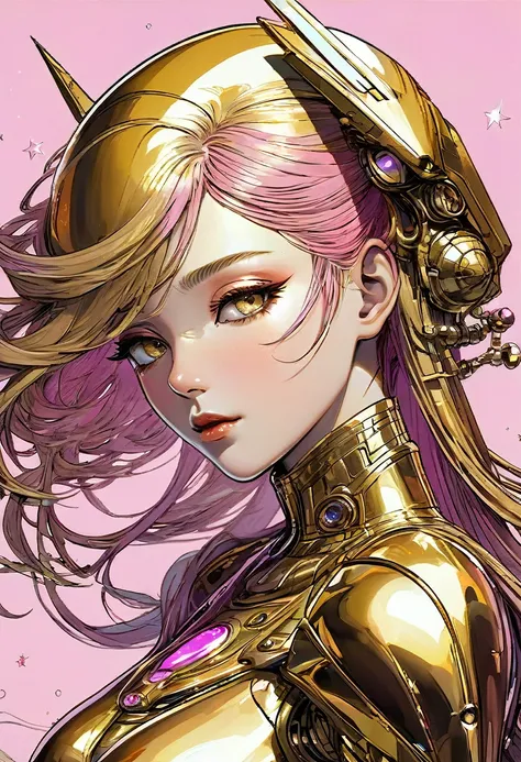 ((best quality)), ((masterpiece)), (detailed), perfect face of cyberpunk mecha japanese girl, shiny gold eyes, shiny gold body, shiny gold hair, ((monochromatic metallic gold color palette)), surreal, art nouveau, in the illustrative style of moebius, spac...