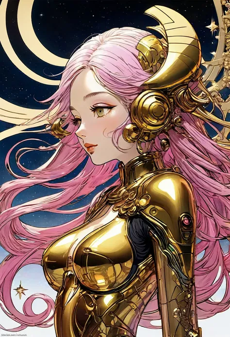 ((best quality)), ((masterpiece)), (detailed), perfect face of cyberpunk mecha japanese girl, shiny gold eyes, shiny gold body, shiny gold hair, ((monochromatic metallic gold color palette)), surreal, art nouveau, in the illustrative style of moebius, spac...