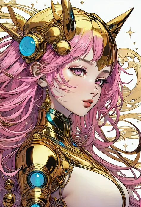 ((best quality)), ((masterpiece)), (detailed), perfect face of cyberpunk mecha japanese girl, shiny gold eyes, shiny gold body, shiny gold hair, ((monochromatic metallic gold color palette)), surreal, art nouveau, in the illustrative style of moebius, spac...