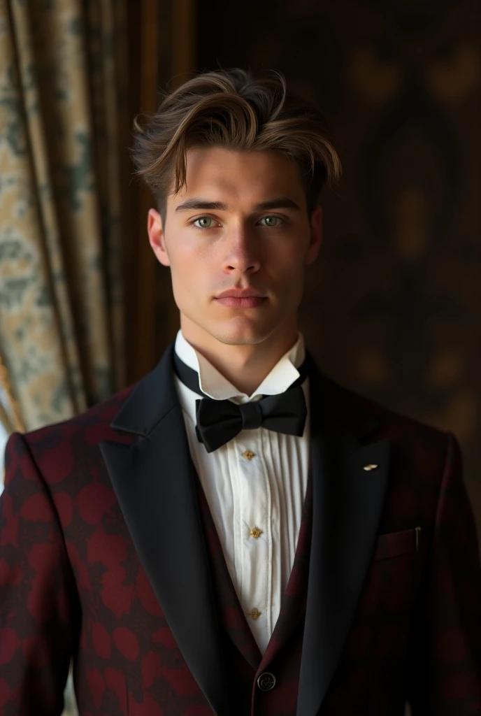  Create an image of a 25-year-old king ,  similar to actor Chay Suede , high,  young man with light brown hair and black eyes .  He has a nobility in expression and a sweeping beauty. É high, strong,  dress like an 18th century king of England. Ele tem tra...