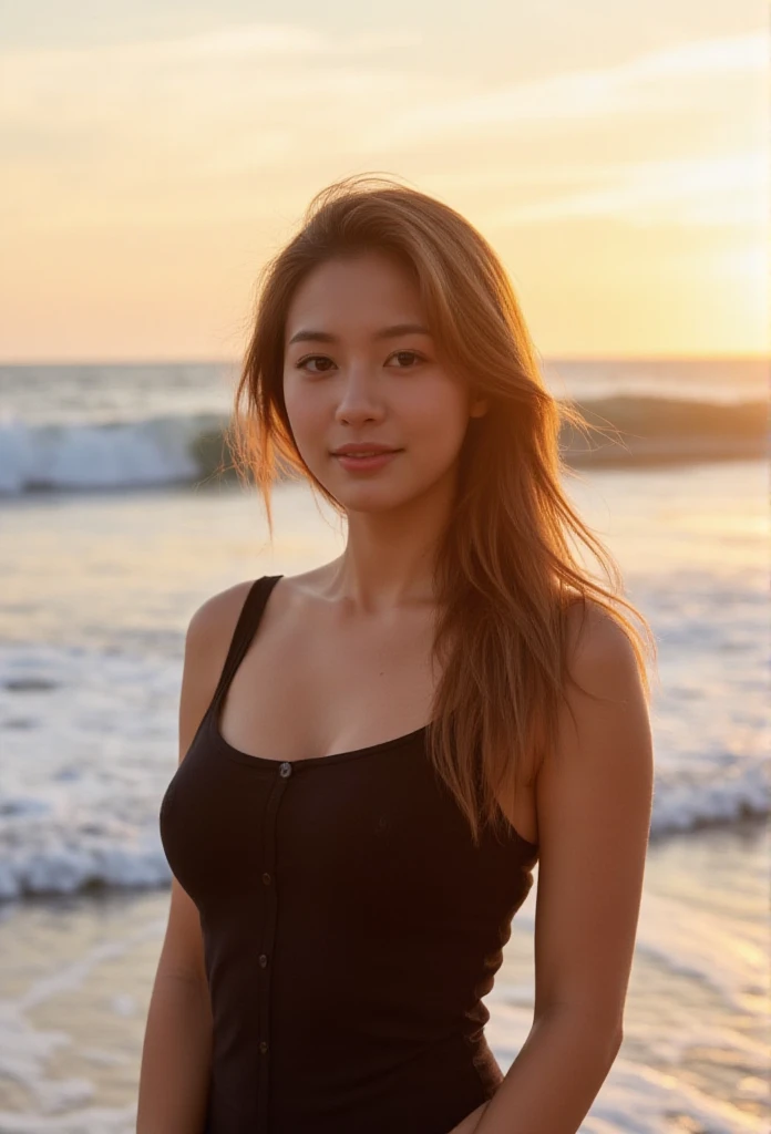 A woman stands confidently at the edge of a beach, wind playing with her hair as waves crash gently behind her. The sun sets in the background, casting a golden light that envelops her in warmth. Her expression reflects a sense of freedom and connection to...