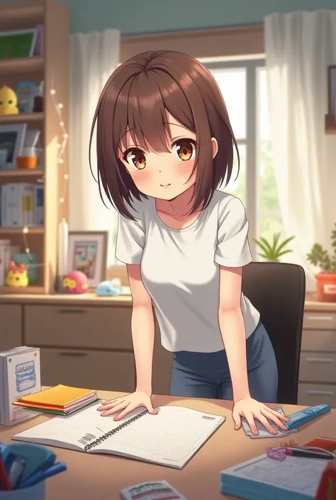 16-year-old anime girl with brown hair and brown eyes cleaning her desk in her room with a funny annoyance face 