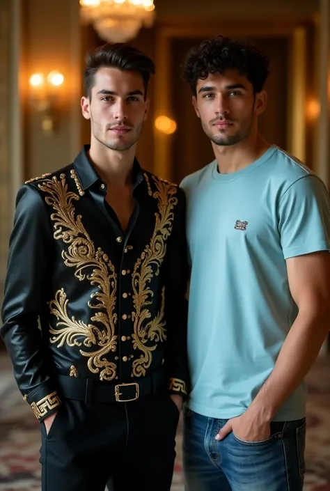 A male supermodel in a luxurious and expensive black and gold shirt with intricate details designed by the worlds designers, another male supermodel with curly black hair wearing a light blue T-shirt and jeans looks friendly