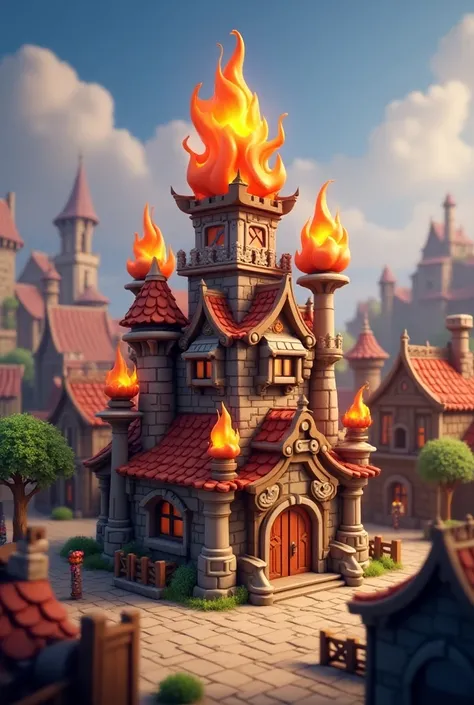 Clash of Clans game, small fantasy city hall design, flame structure, 3D, Clash of Clans poetry 