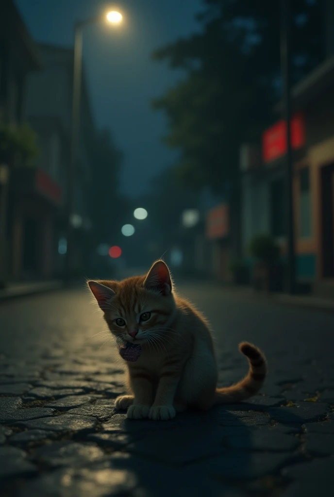 Injured cat  :  The cat with a small wound on one of its legs,  under a faint streetlight ,  licking its paw in pain , In the middle of the night.