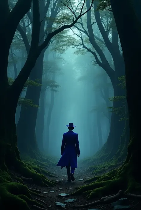 Joker blue hat blue coat walking in dark forest and big trees alone 