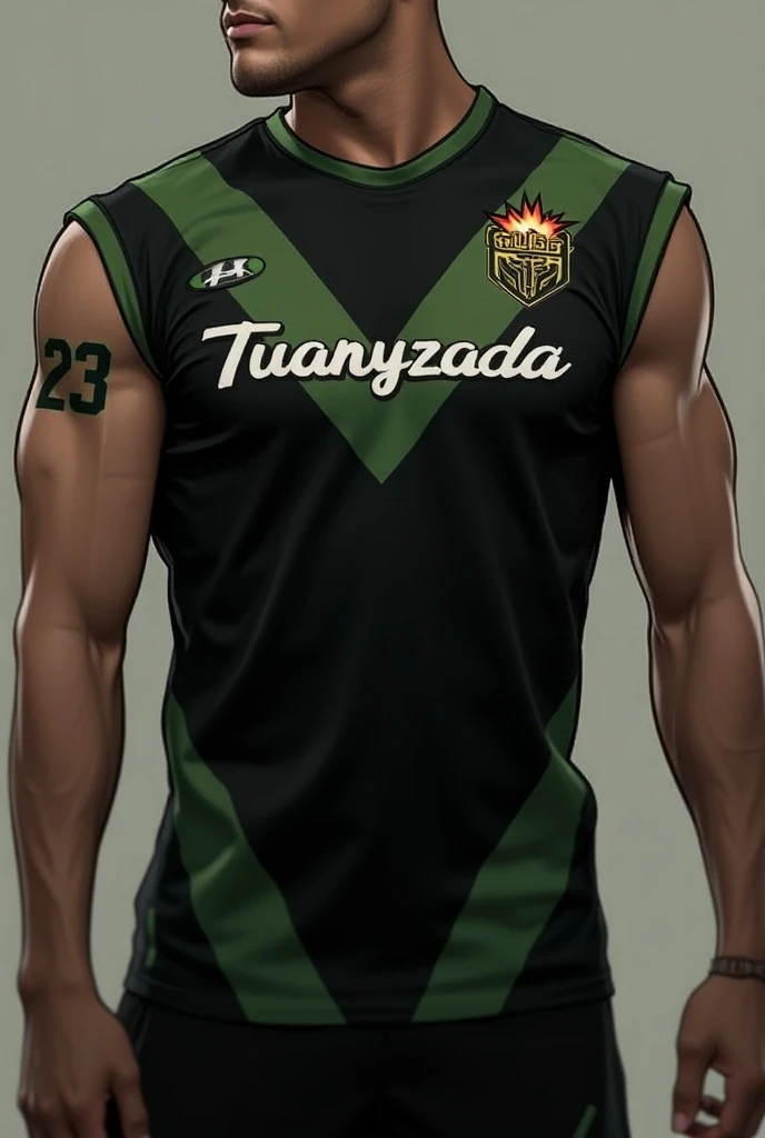 Team ,  in the colors black and military green , with the name Tuanyzada in the center ,  sleeveless t-shirt number 23 on the left shoulder ,  fireball symbol on the right side