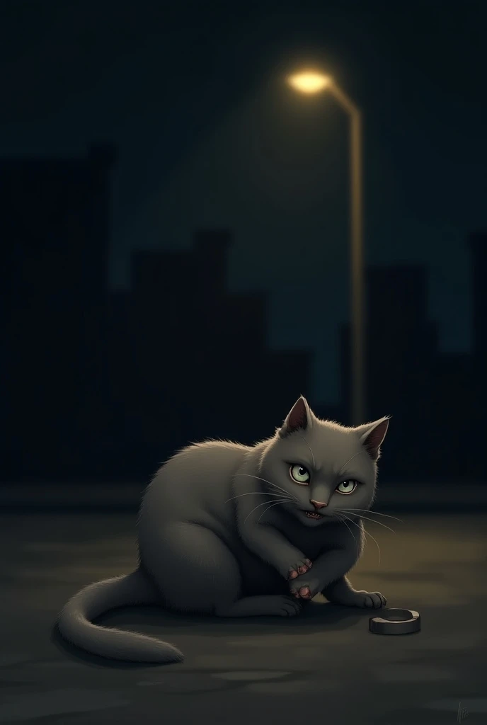 Wounded gray cat,  The cat with a small wound on one of its legs,  under a faint streetlight ,  licking its paw in pain , In the middle of the night.