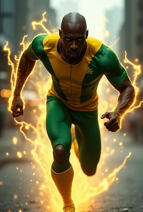  create a superhero inspired by Usain Bolt,  with mystical elements of super speed , with cultural elements from Jamaica , Put him on with very short hair and with clothes characteristic of the race,  with short, almost bald hair, And traits of a superhero...