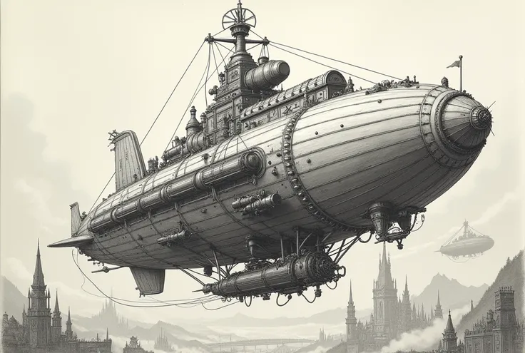 Design an intricate and fantastical steampunk airship, brimming with gears, steam, and adventure, pencil illustration