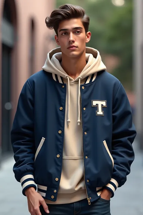 Navy college jacket with skin color hoddie
