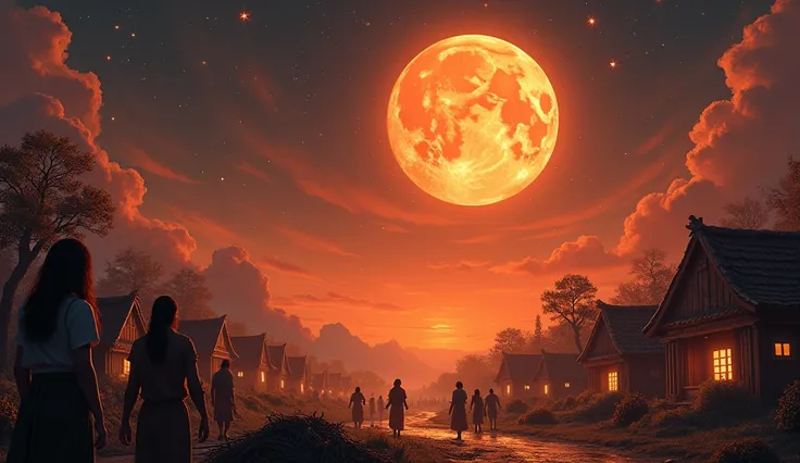 The Moon in Aries waxing as Mars influence creates a fiery orange glow over a small village. People are seen in action, completing projects and tasks, with the celestial bodies above signaling the importance of progress. The atmosphere is tense but product...