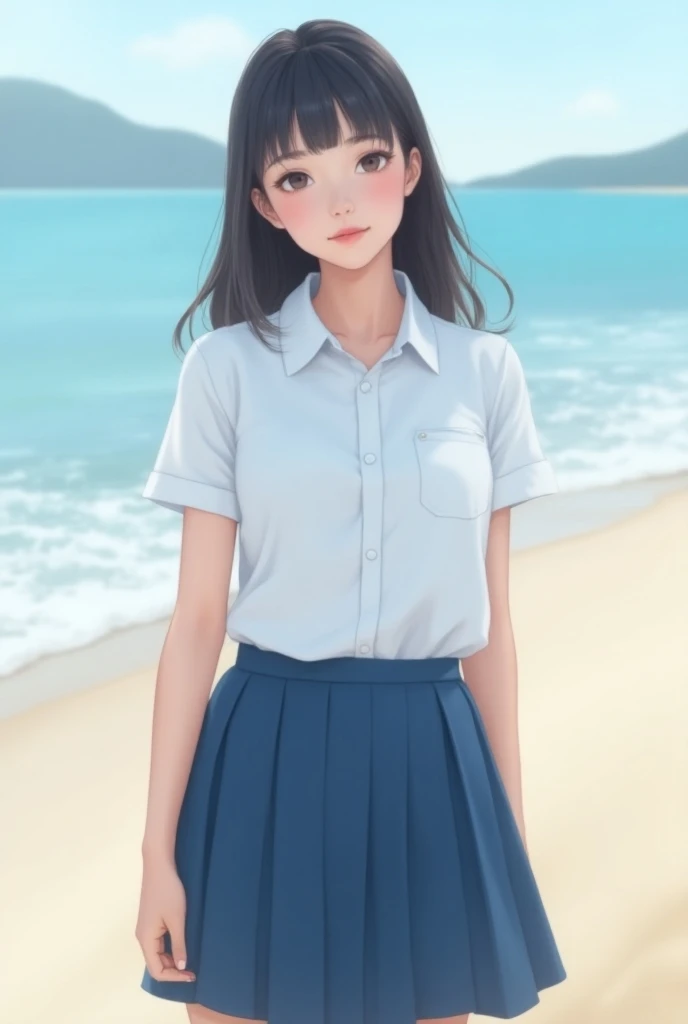 ((Realistic photography))、((full body)),Smooth and perfect body、((casual hair、F-cup、japanese girl school uniform)),(white shirt), (blue Pleated Skirt),beach