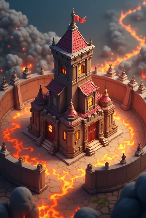 Clash of Clans is a small fantasy town hall design surrounded by a short circular flame-colored wall, flame structure, 3D, 