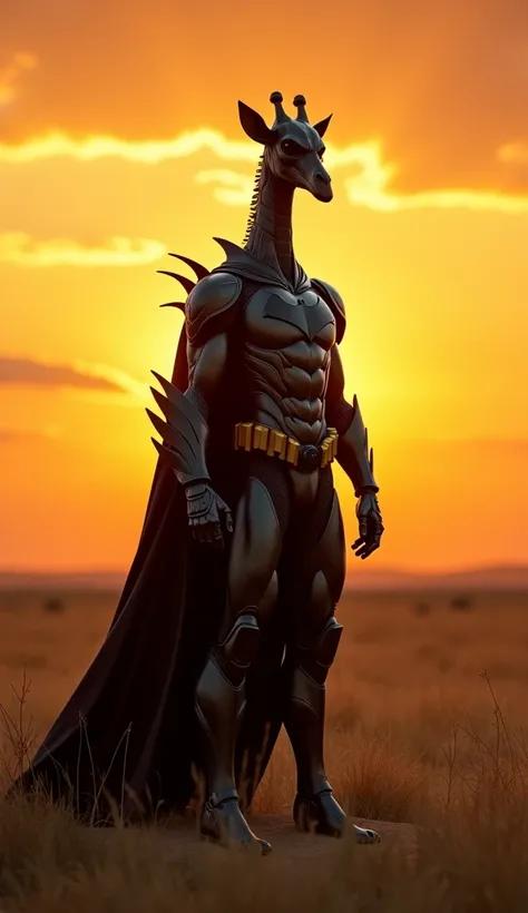 "Create a realistic, awe-inspiring hybrid character that combines Batman and a giraffe, standing in the golden light of a vast savanna at dusk. This character has a tall, elongated neck inspired by the giraffe, with dark, bat-like armor featuring subtle gi...