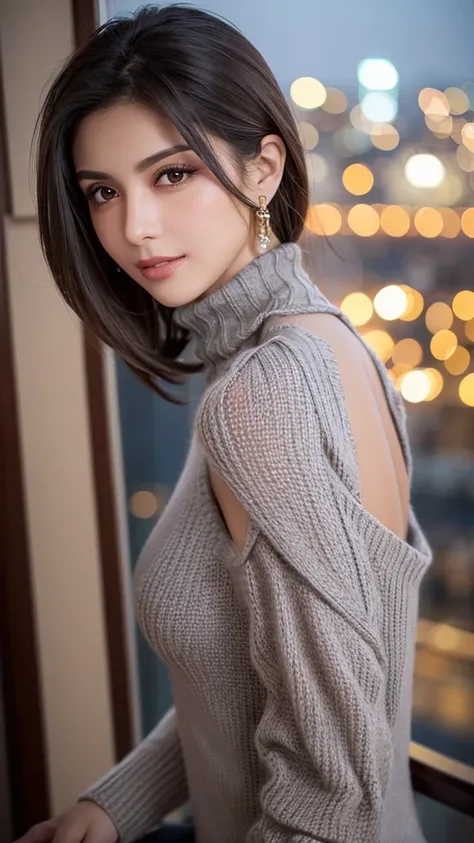 Best Quality　 side angle pointing backwards　Point back 　Condescending　Small mouth　Lebanese beauty　Sparkling Eyes　 Glamorous Body 　 boyish hair　 thick gray knit sweater hand-knitted with an open shoulder turtleneck　A seductive pose that expresses sexiness t...