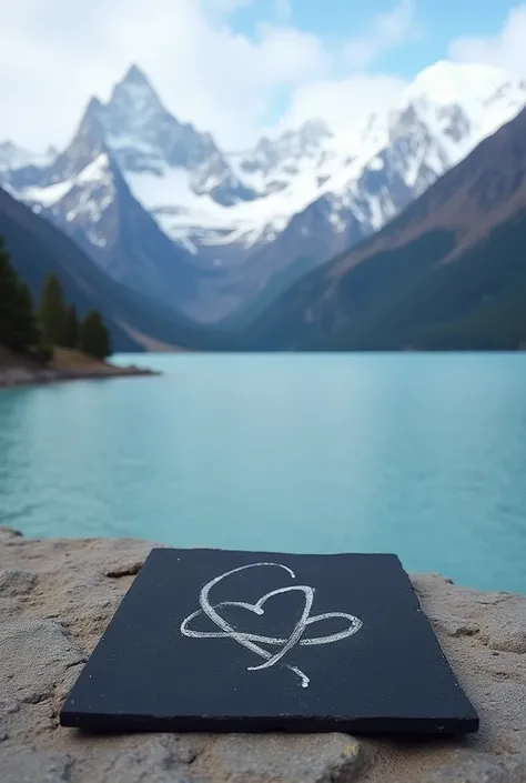 Realistic photograph of a black-colored chalk in the background of a Patagonian lake 