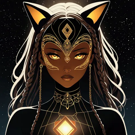 
"A PlayStation 2-style cover art featuring a caramel, light-brown-skinned woman with sparkly, glowing box braids. She wears a fox half-mask with accents that glow like a starry sky, adding a mystical, otherworldly effect. Her expression is intense and cap...