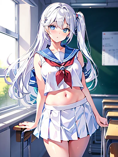  A high school girl ，in the classroom， White sailor costume ， Shy Look，white hair，miniskirt， beautiful， lifting the skirt ，flowing skirt，Show your belly button， show your shoulders