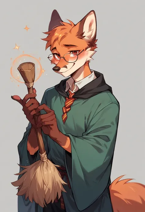 A ((wizzard fox)), boy, with view glasses, red eyes, magic, whith a wizzards robe, harry potter style, he have a broom in his hand, blush shy, smile, confident expression, lookin at the viewer