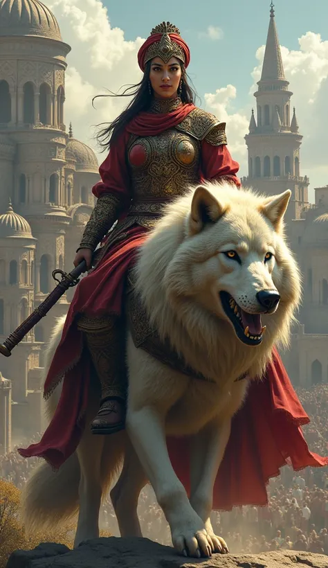 Create a realistic description of a Turkish warrior woman, depicted sitting on a giant giant wolf, holding a traditional Turkish warrior weapon such as a yayla or a takma. The warrior woman should be dressed in attire inspired by Turkish Ottoman Empire war...