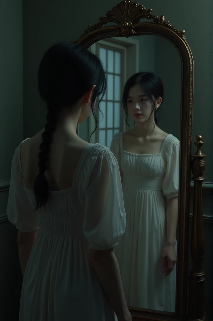 Create a girl in front of a mirror in a dimly lit room.