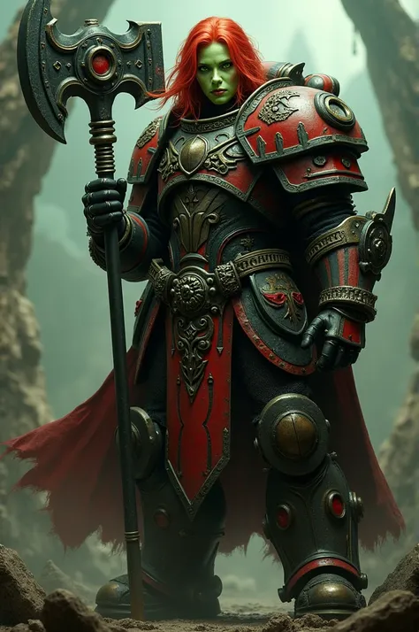 Warhammer 40k character with green eye and red hair and little bit of green skin with a long hammer  and an armour with black and red on it 