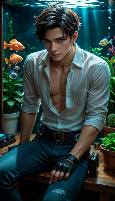 (score_9, score_8_up, score_7_up) man ((with dark gray eyes)),  black short hair , in a white shirt unbuttoned at the chest, wit...