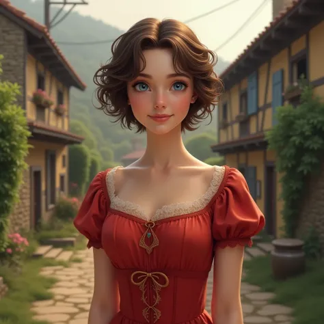 20 year old women,red dress, friendly, beautiful,  short hair, curly hair and brown ,  Victorian-era peasant, blue eyes