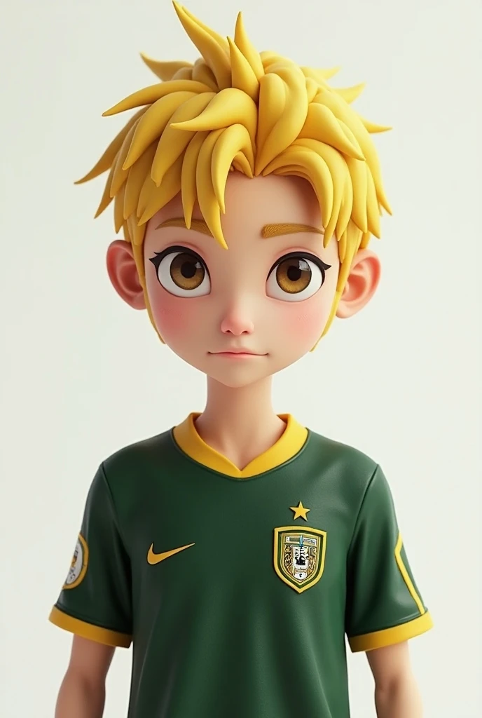 An anime character with tied yellow hair and extra hair he is a man and is thin and he is a man with a Corinthians jersey he is a Libra he is s younger he has a face he is more realistic 3D eyeshadow with 3D eye plus 3D hair with 3D cheek all 3D 3D shirt