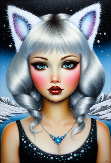 
Cute Doll Face Girl Silver Hair/Sparkly Snow/Wearing Fuzzy Cat Ears ((style Esao-Andrews)), ((oil painting palette / canvas)), very colorful, highest detail, ((masterpiece)), complex key, ((single shot)), impression, perspective, 8k