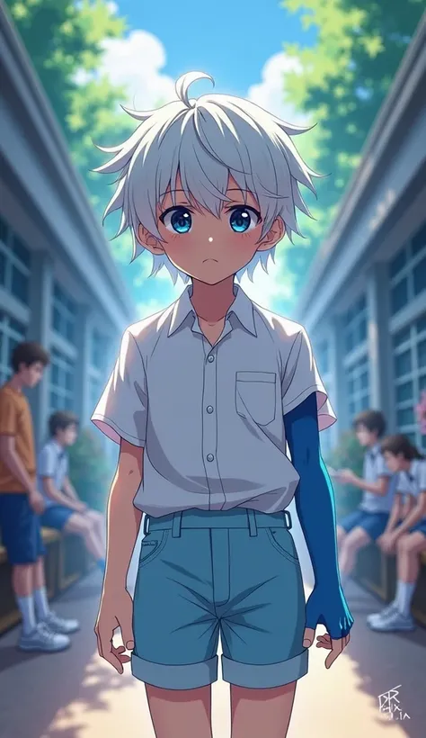  create an anime character, He has white hair ruffled up he has blue eyes he wears a white blouse underneath blue sleeve on his arm light blue shorts boy a child who is in school he has powers