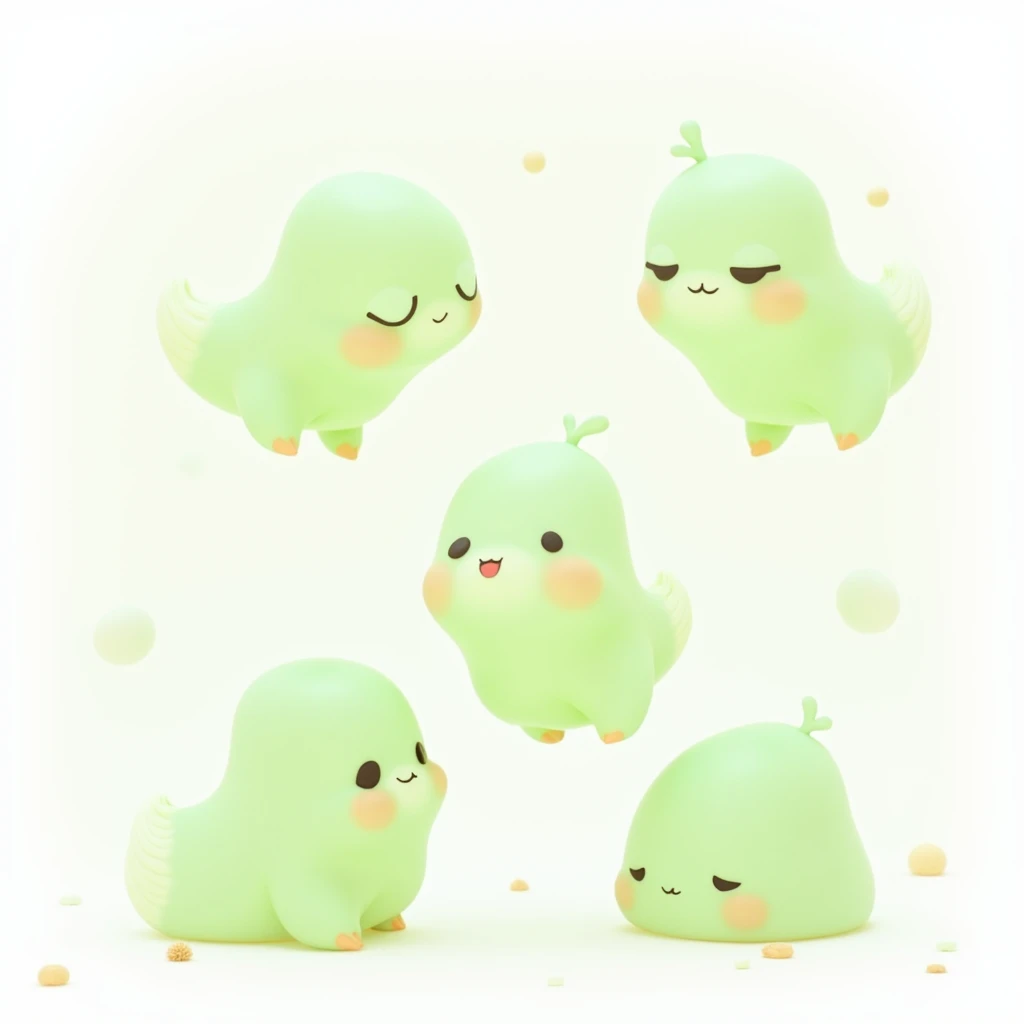 Cute small creature in green colour in different shapes, white background 