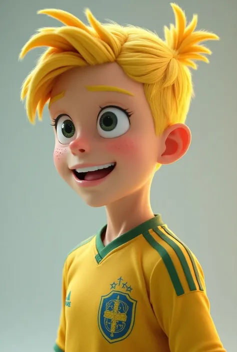 An anime character with tied yellow hair and extra hair he is a man and he is thin and he is a man with a Corinthians jersey he is a Libriano he is younger than  he has a face he is more realistic 3D eyeshadow with 3D eye plus 3D hair with a boy cheek 3D a...