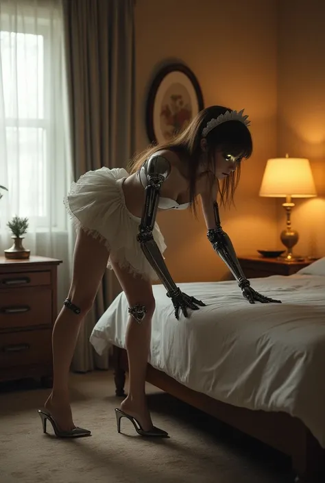 a sexy cyborg maid in a short dress cleaning a bedroom, extremely detailed, photorealistic, 8k, best quality, high resolution, intricate details, beautiful cyborg face, glowing cyborg eyes, long hair, maid headpiece, maid dress, stockings, high heels, clea...