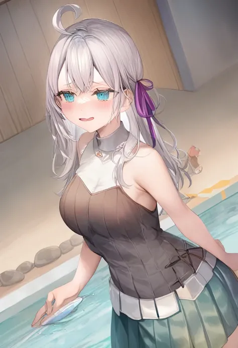 1 ,   Alisa Mikhailovna Kujou ,Tooki Bosotto Russo-Go from Dereru to Neighbor Arya-san,Alone,  long hair,  Eyebrows visible through the hair ,  hair between her eyes,  silver hair ,  hair ribbon , blue eyes, medium breasts, bag, joy, bare shoulders, toys, ...